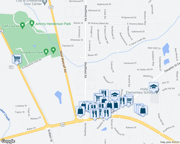 map of restaurants, bars, coffee shops, grocery stores, and more near 112 Creeke Lane in Enterprise