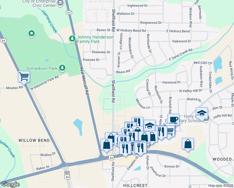 map of restaurants, bars, coffee shops, grocery stores, and more near 106 Creeke Lane in Enterprise