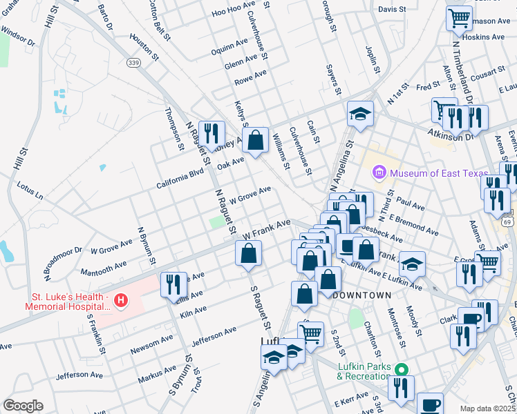 map of restaurants, bars, coffee shops, grocery stores, and more near 404 Mantooth Avenue in Lufkin