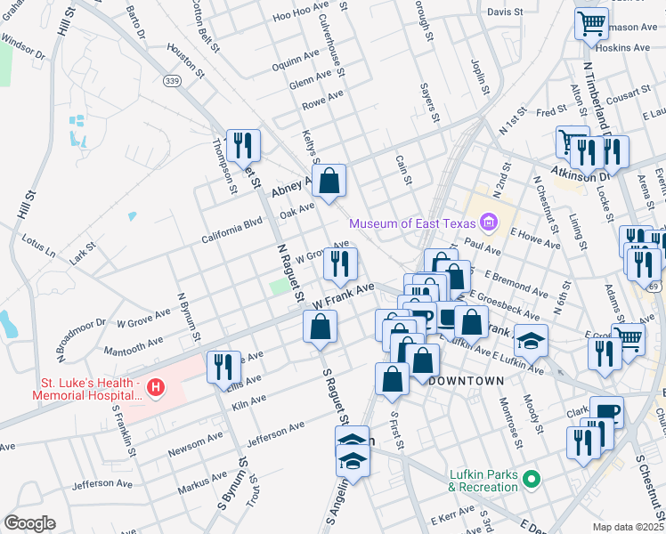 map of restaurants, bars, coffee shops, grocery stores, and more near 404 Mantooth Avenue in Lufkin