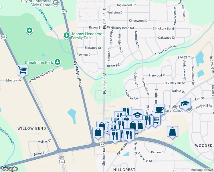 map of restaurants, bars, coffee shops, grocery stores, and more near 104 Creeke Lane in Enterprise