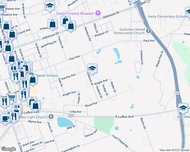 map of restaurants, bars, coffee shops, grocery stores, and more near 708 Lubbock Street in Lufkin
