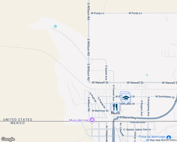 map of restaurants, bars, coffee shops, grocery stores, and more near South Willson Road in Bisbee