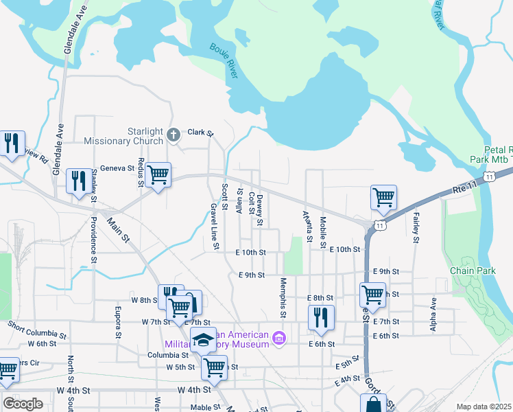map of restaurants, bars, coffee shops, grocery stores, and more near 1219 Dewey Street in Hattiesburg