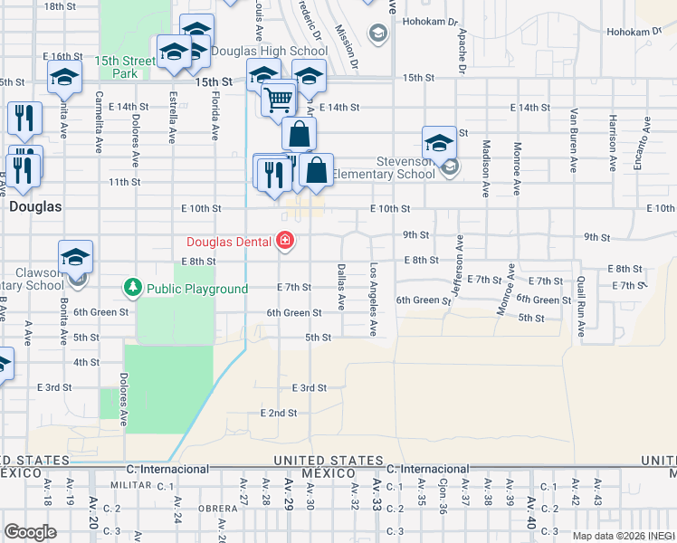 map of restaurants, bars, coffee shops, grocery stores, and more near 1914 East 8th Street in Douglas