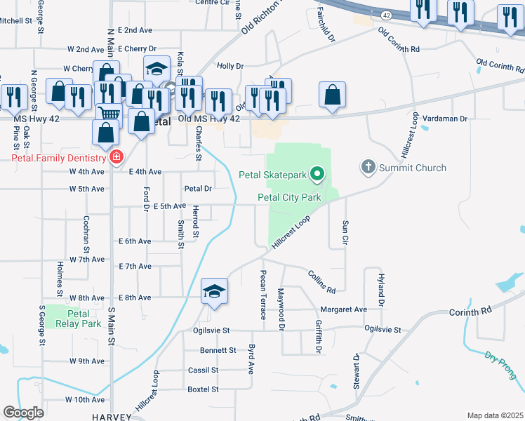map of restaurants, bars, coffee shops, grocery stores, and more near 525 East 5th Avenue in Petal