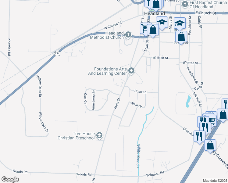 map of restaurants, bars, coffee shops, grocery stores, and more near 200 Carr Circle in Headland