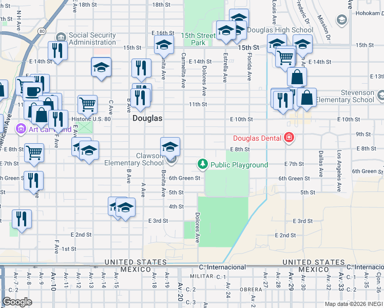 map of restaurants, bars, coffee shops, grocery stores, and more near 1312 East 8th Street in Douglas