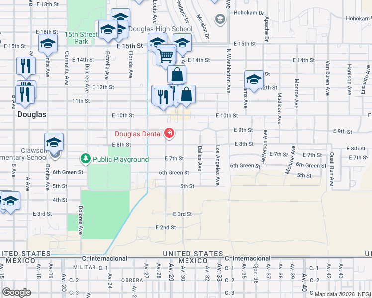map of restaurants, bars, coffee shops, grocery stores, and more near 1914 East 8th Street in Douglas