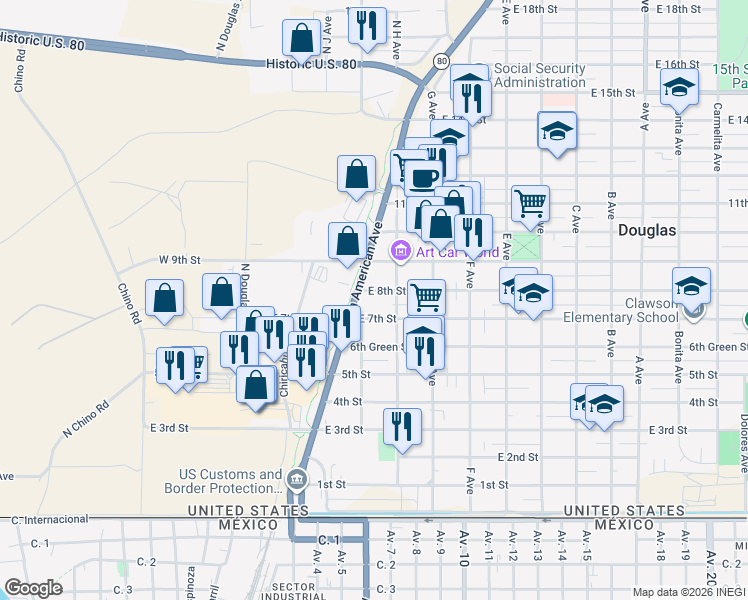 map of restaurants, bars, coffee shops, grocery stores, and more near 320 East 8th Street in Douglas