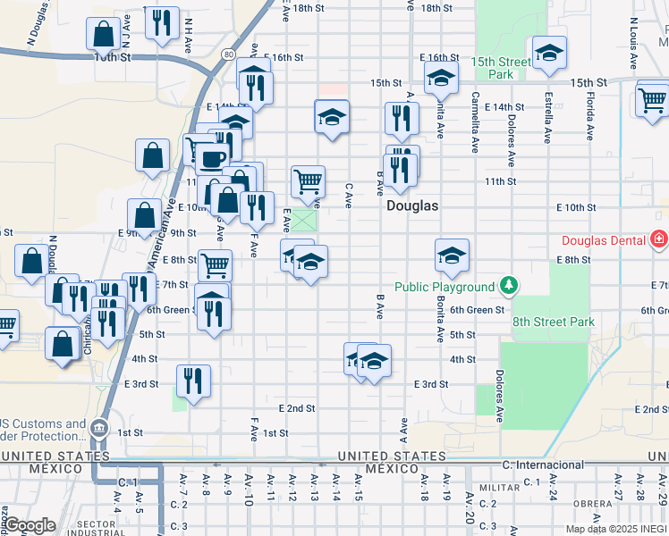 map of restaurants, bars, coffee shops, grocery stores, and more near 820 East 8th Street in Douglas