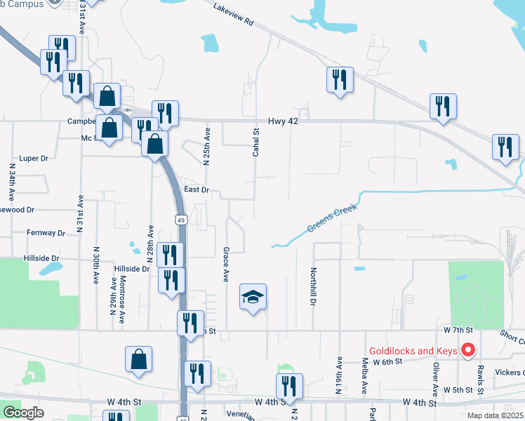 map of restaurants, bars, coffee shops, grocery stores, and more near 300 Cahal Street in Hattiesburg