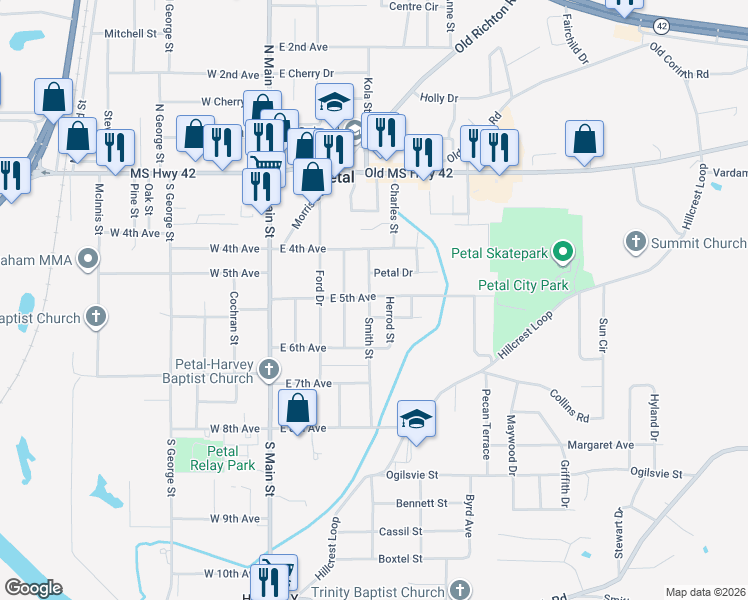 map of restaurants, bars, coffee shops, grocery stores, and more near 201 Smith Street in Petal