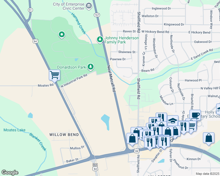 map of restaurants, bars, coffee shops, grocery stores, and more near 1701 Neal Metcalf Road in Enterprise