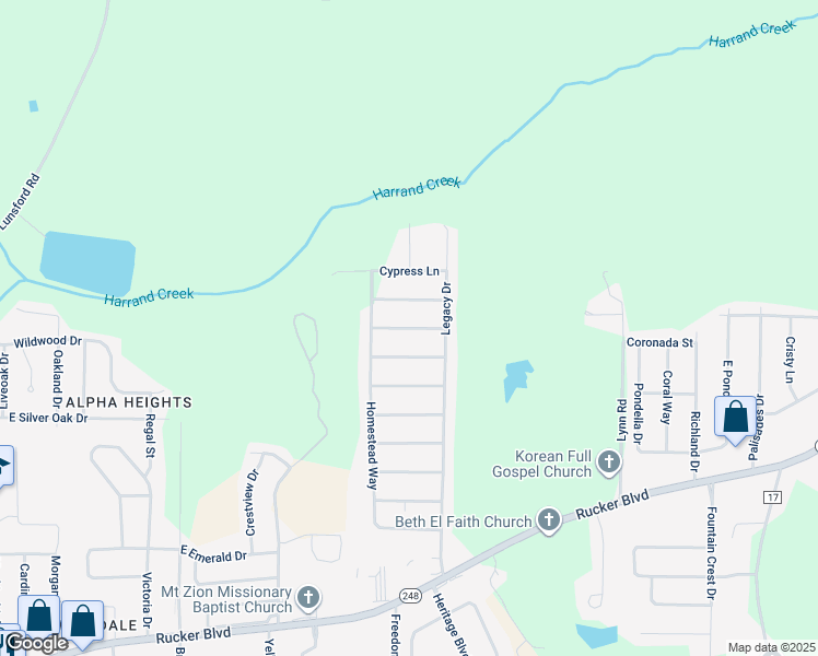 map of restaurants, bars, coffee shops, grocery stores, and more near New Harvest Drive in Enterprise
