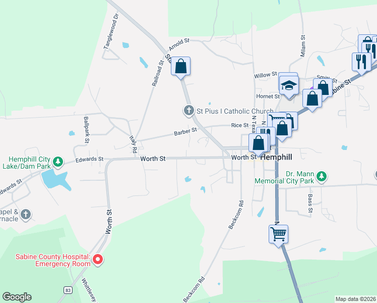 map of restaurants, bars, coffee shops, grocery stores, and more near 201 Barber Street in Hemphill