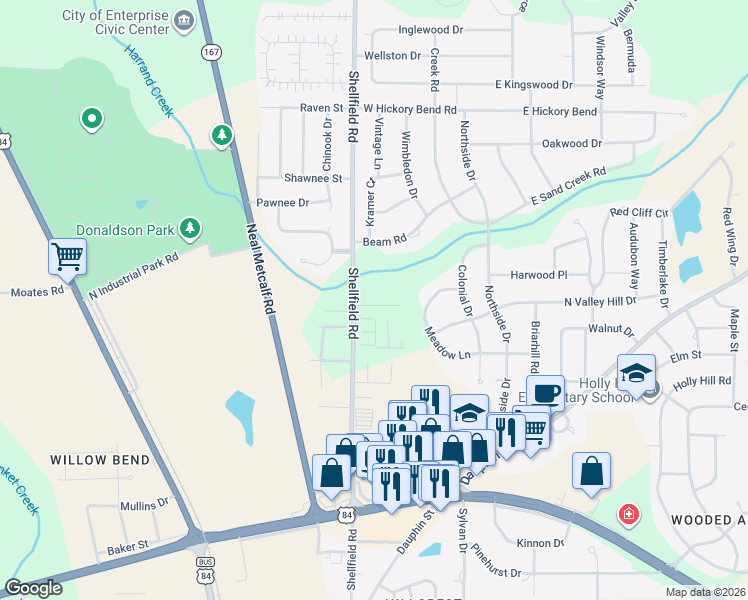 map of restaurants, bars, coffee shops, grocery stores, and more near 129 Creeke Lane in Enterprise