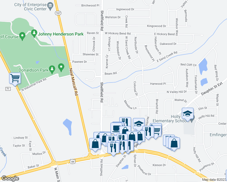 map of restaurants, bars, coffee shops, grocery stores, and more near 133 Creeke Lane in Enterprise