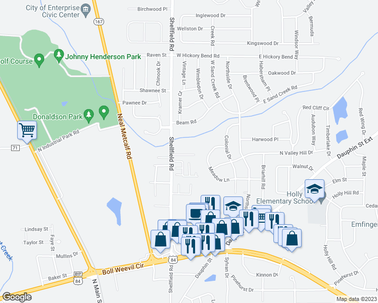 map of restaurants, bars, coffee shops, grocery stores, and more near 129 Creeke Lane in Enterprise