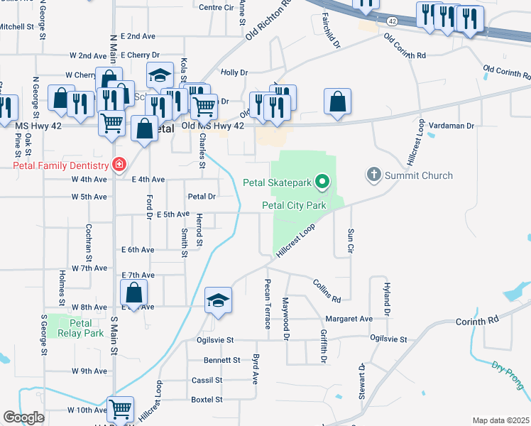 map of restaurants, bars, coffee shops, grocery stores, and more near 517 East 5th Avenue in Petal