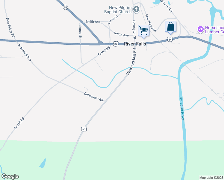 map of restaurants, bars, coffee shops, grocery stores, and more near 26895 Plywood Mill Road in Andalusia