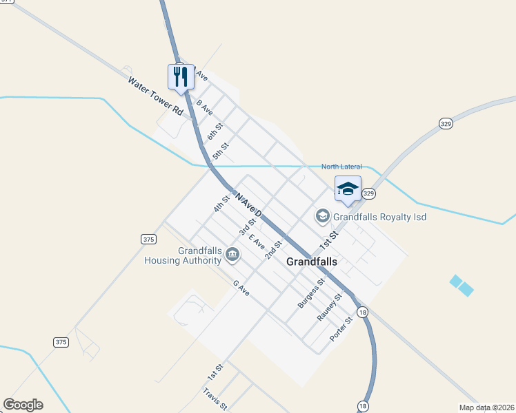 map of restaurants, bars, coffee shops, grocery stores, and more near 305 North Avenue D in Grandfalls