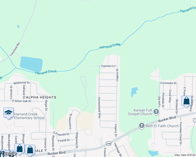 map of restaurants, bars, coffee shops, grocery stores, and more near 122 New Harvest Drive in Enterprise