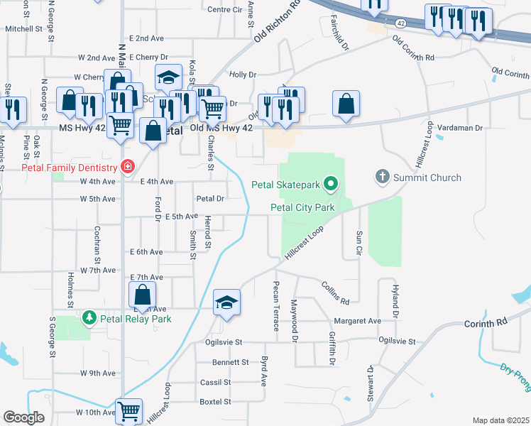 map of restaurants, bars, coffee shops, grocery stores, and more near 517 East 5th Avenue in Petal