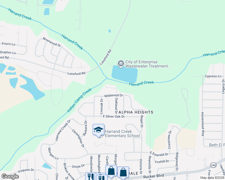 map of restaurants, bars, coffee shops, grocery stores, and more near 480 Oakland Drive in Enterprise