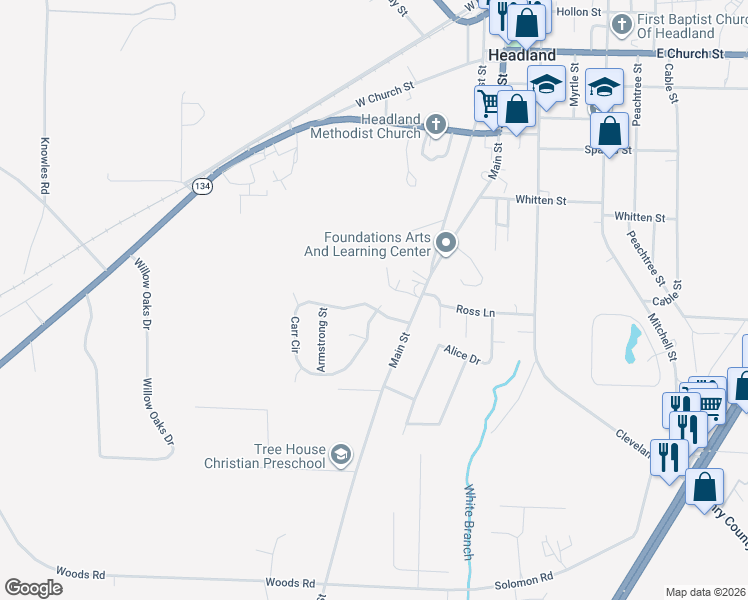 map of restaurants, bars, coffee shops, grocery stores, and more near 200 Carr Circle in Headland