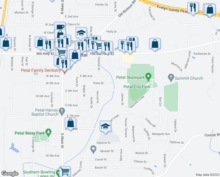 map of restaurants, bars, coffee shops, grocery stores, and more near 507 East 5th Avenue in Petal