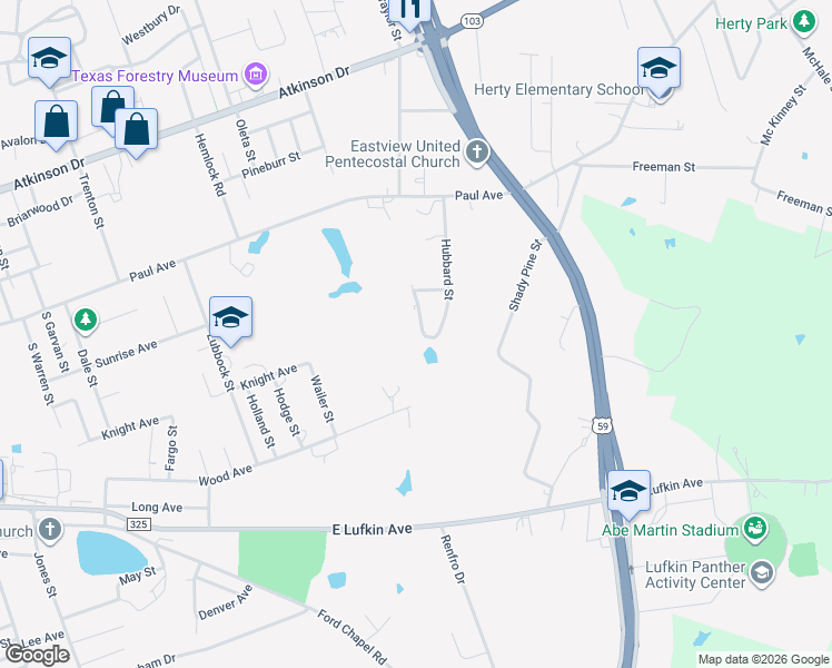 map of restaurants, bars, coffee shops, grocery stores, and more near 605 Ethel Street in Lufkin