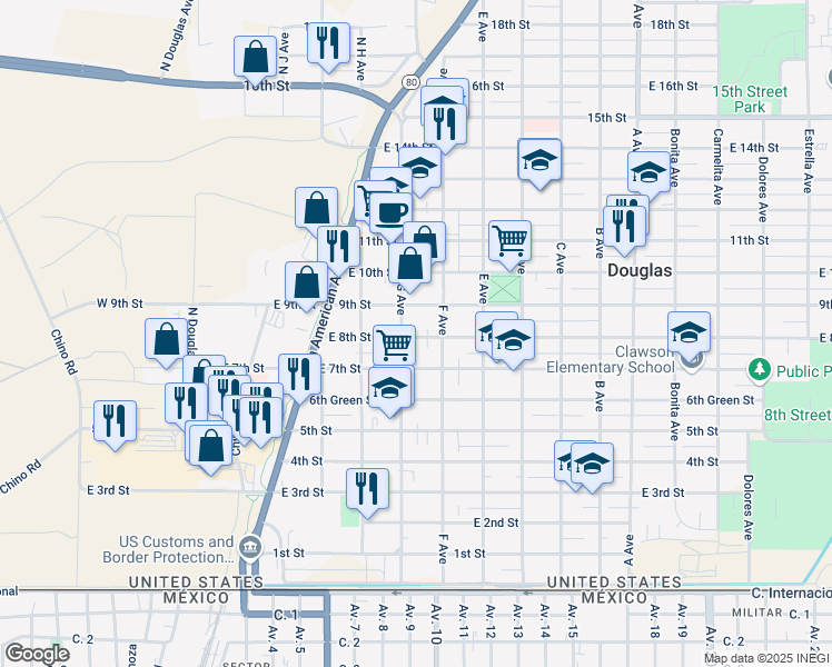 map of restaurants, bars, coffee shops, grocery stores, and more near 518 East 8th Street in Douglas