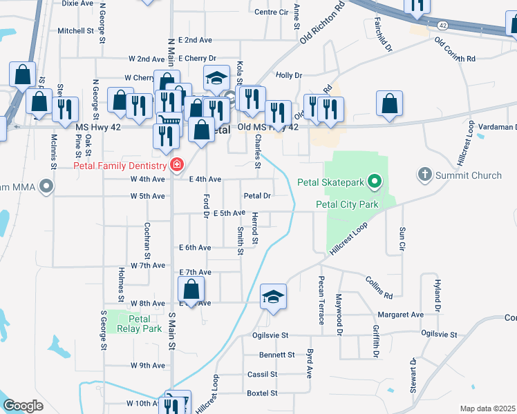 map of restaurants, bars, coffee shops, grocery stores, and more near 405 E 5th Ave in Petal