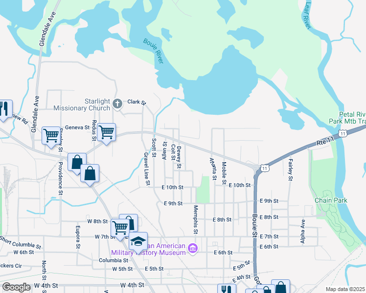 map of restaurants, bars, coffee shops, grocery stores, and more near 1219 Dewey Street in Hattiesburg