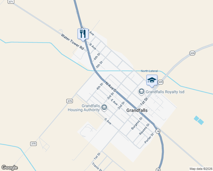 map of restaurants, bars, coffee shops, grocery stores, and more near 305 D Avenue in Grandfalls