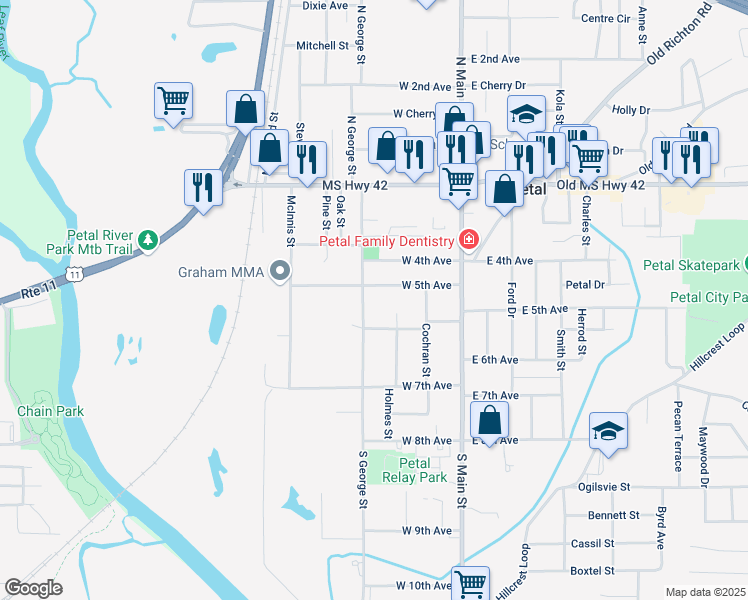 map of restaurants, bars, coffee shops, grocery stores, and more near 149 West 5th Avenue in Petal