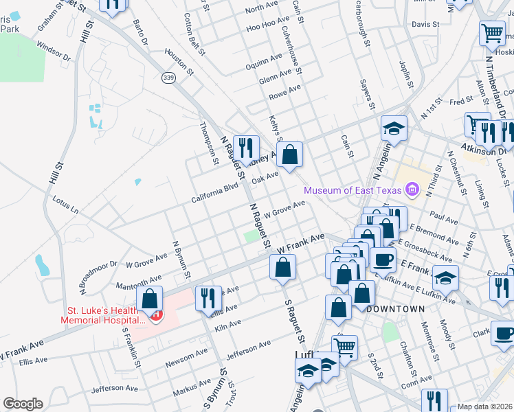 map of restaurants, bars, coffee shops, grocery stores, and more near 510 North Raguet Street in Lufkin
