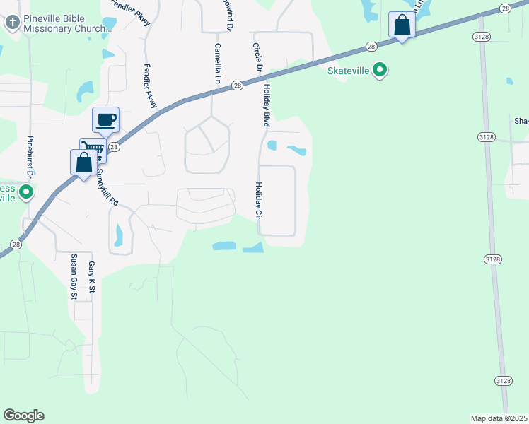 map of restaurants, bars, coffee shops, grocery stores, and more near 315 Holiday Cir in Pineville