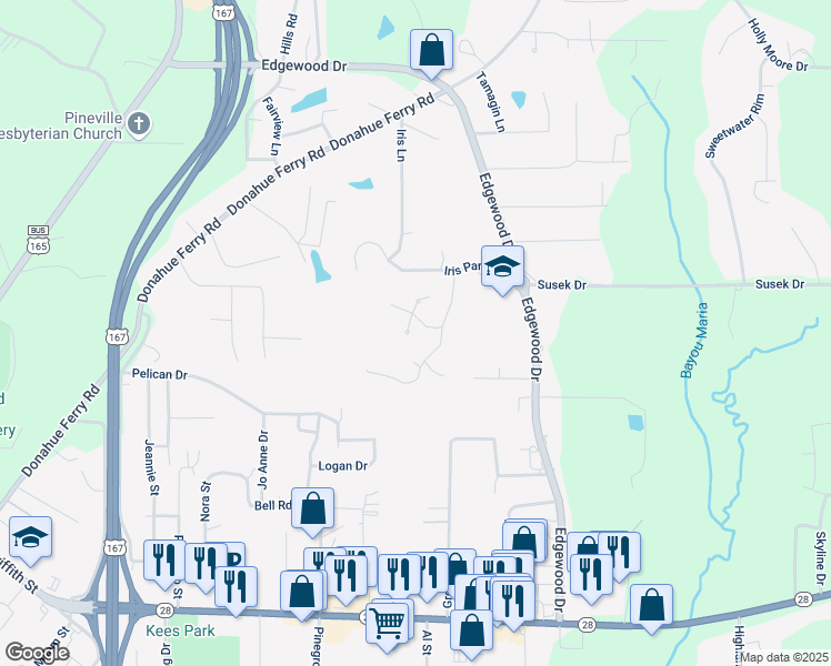 map of restaurants, bars, coffee shops, grocery stores, and more near 205 Pocahontus Court in Pineville