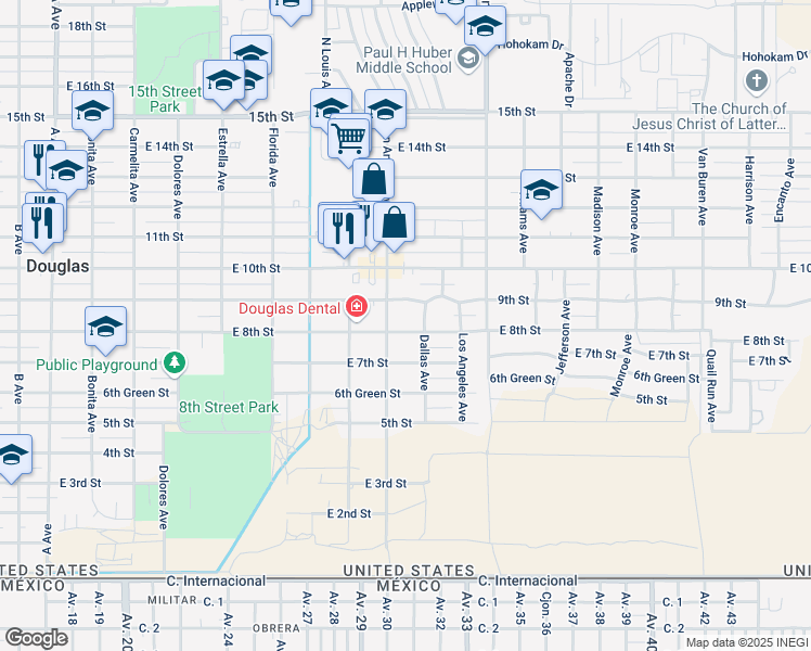 map of restaurants, bars, coffee shops, grocery stores, and more near 1914 East 8th Street in Douglas