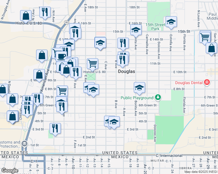 map of restaurants, bars, coffee shops, grocery stores, and more near 914 East 8th Street in Douglas