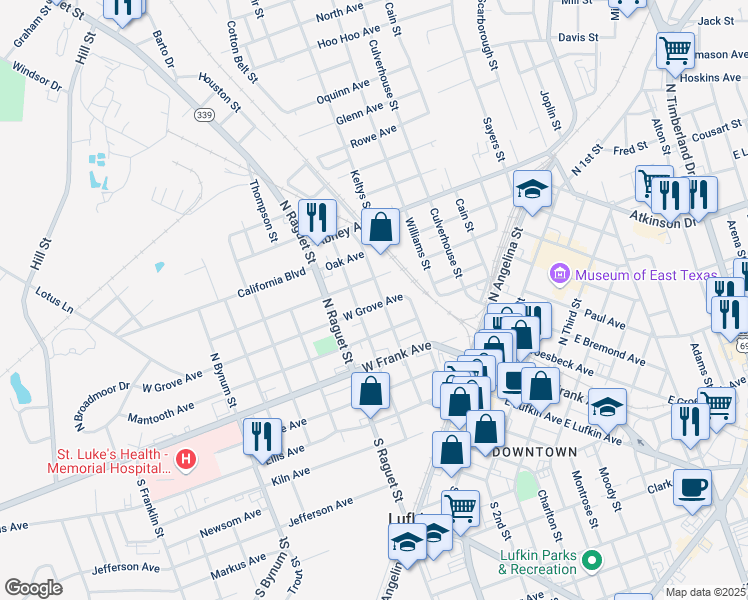 map of restaurants, bars, coffee shops, grocery stores, and more near 602 West Grove Avenue in Lufkin