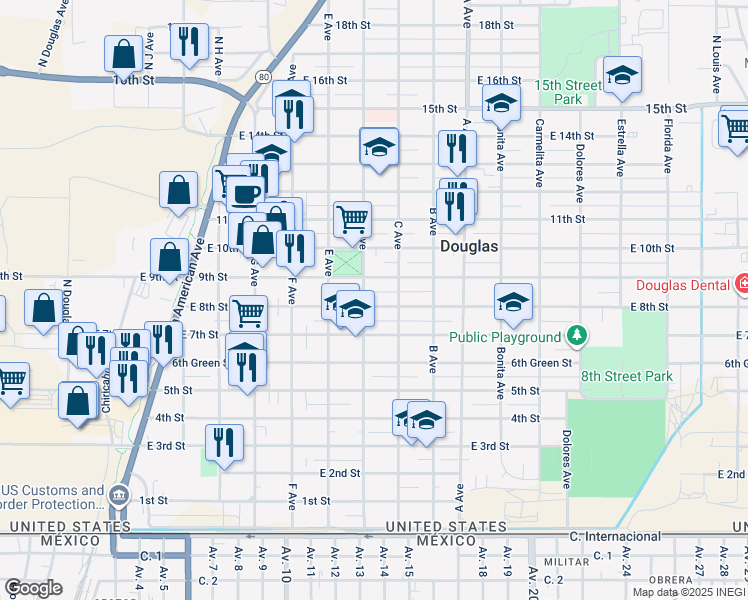 map of restaurants, bars, coffee shops, grocery stores, and more near 820 East 8th Street in Douglas