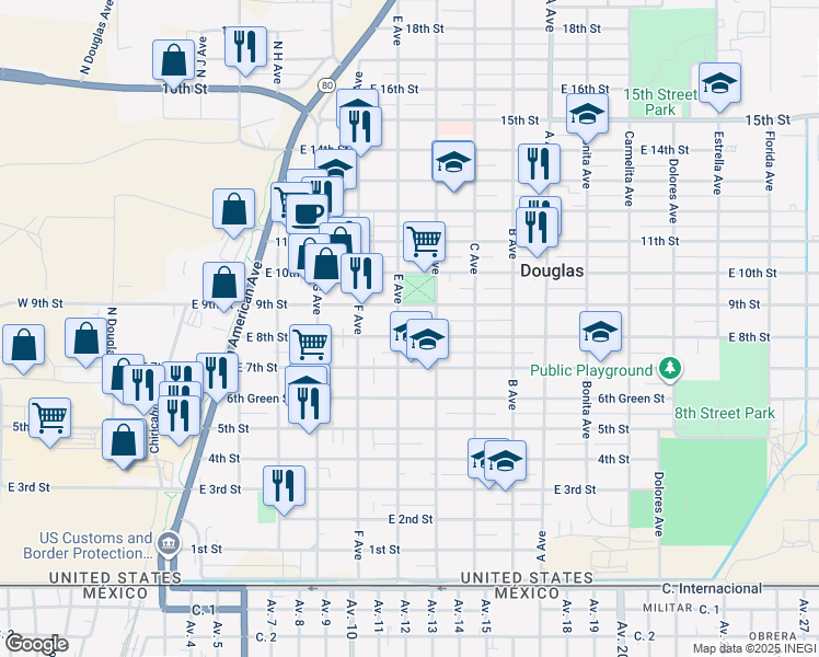 map of restaurants, bars, coffee shops, grocery stores, and more near 716 East 8th Street in Douglas