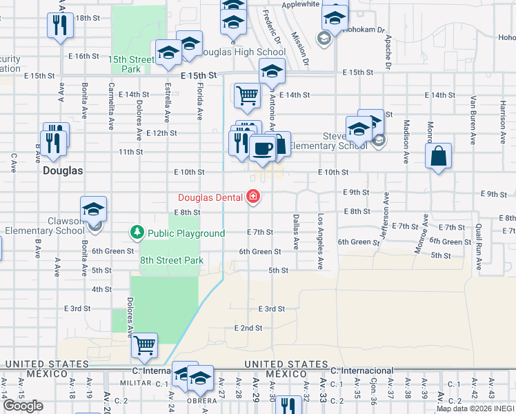 map of restaurants, bars, coffee shops, grocery stores, and more near 1810 East 8th Street in Douglas