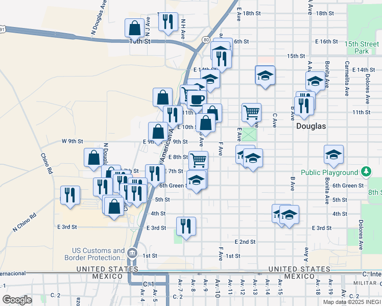 map of restaurants, bars, coffee shops, grocery stores, and more near 450 East 8th Street in Douglas