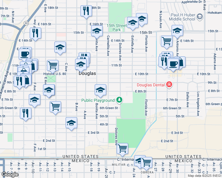 map of restaurants, bars, coffee shops, grocery stores, and more near 1312 East 8th Street in Douglas