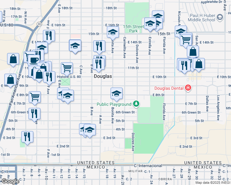 map of restaurants, bars, coffee shops, grocery stores, and more near 1216 East 8th Street in Douglas