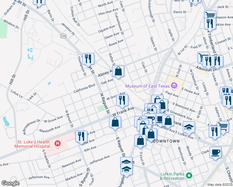 map of restaurants, bars, coffee shops, grocery stores, and more near 602 West Grove Avenue in Lufkin